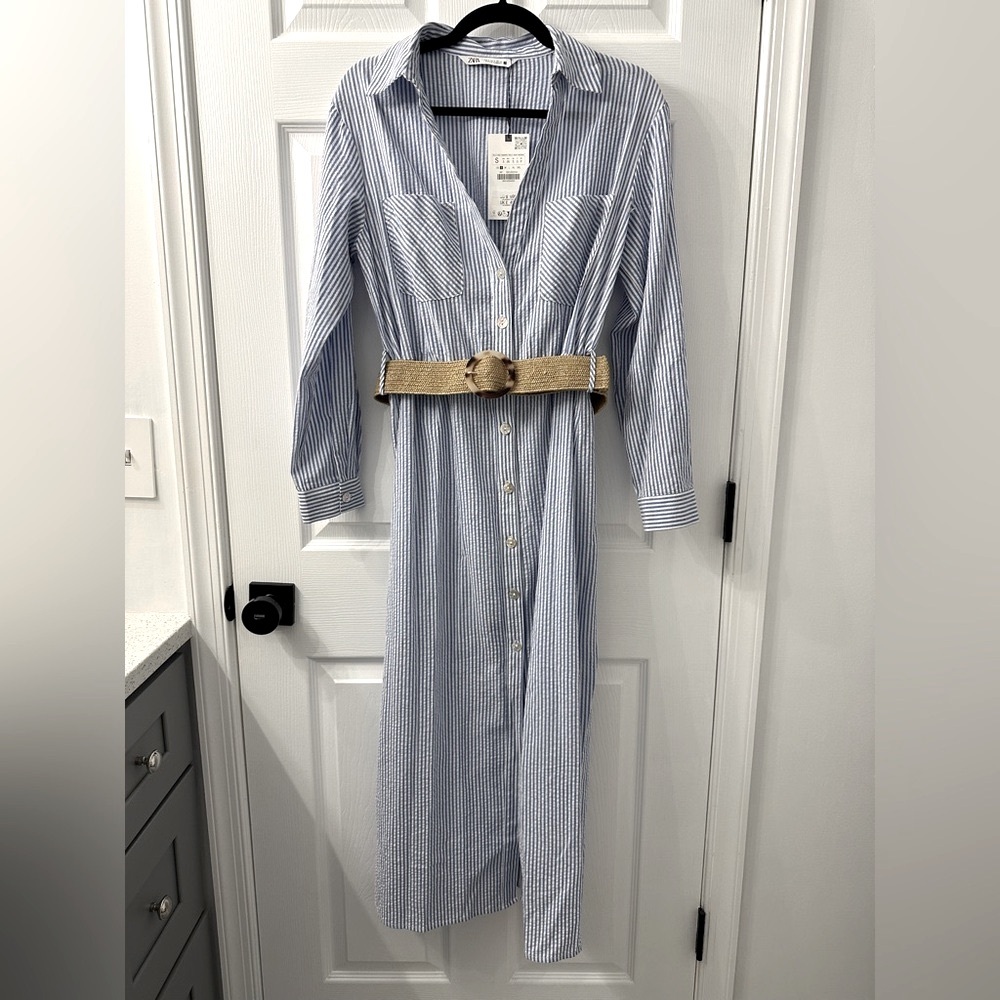 NWT Zara Blue Striped Shirt Dress with Tan Belt